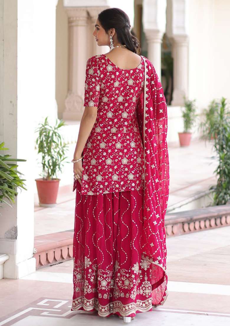 Pink Embroidery Georgette Sharara Set - Indya