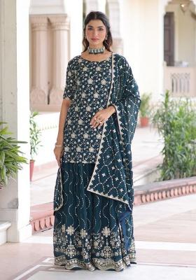 Teal Blue Embroidery Georgette Kurta Set