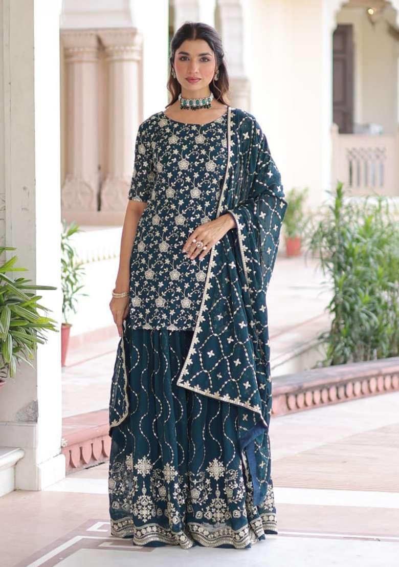 Teal Blue Embroidery Georgette Sharara Set - Indya