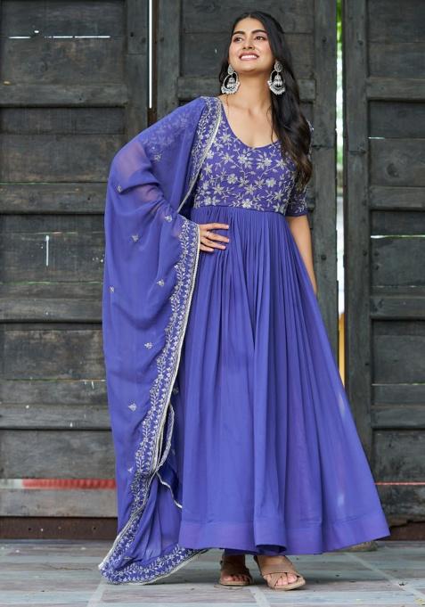 Purple Embroidery Faux Blooming Kurta With Dupatta