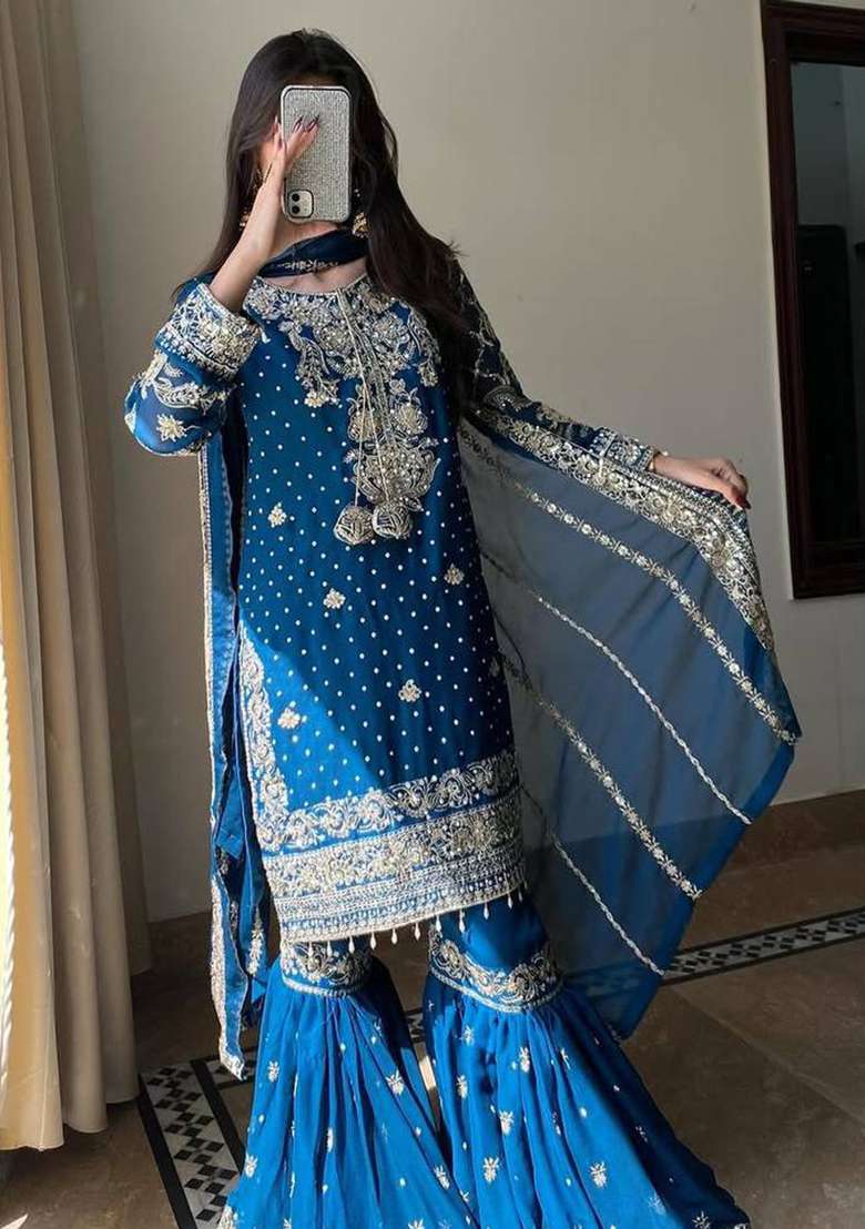 Blue Embroidery Georgette Sharara Set - Indya