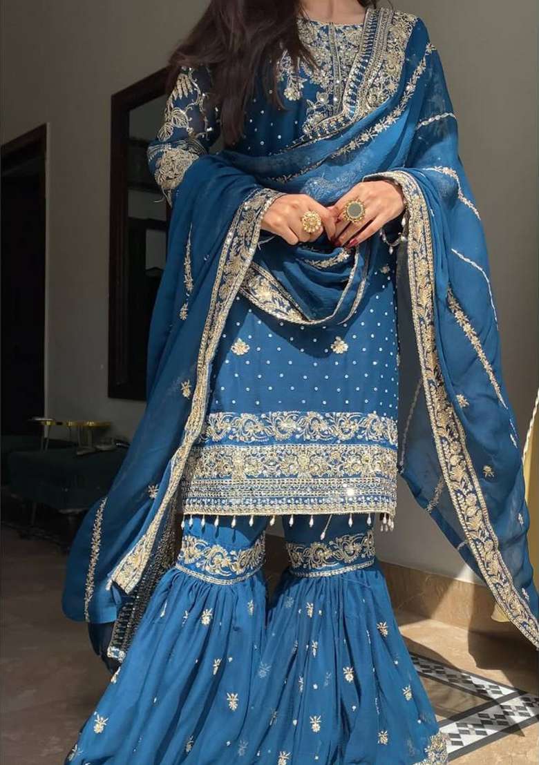 Blue Embroidery Georgette Sharara Set - Indya