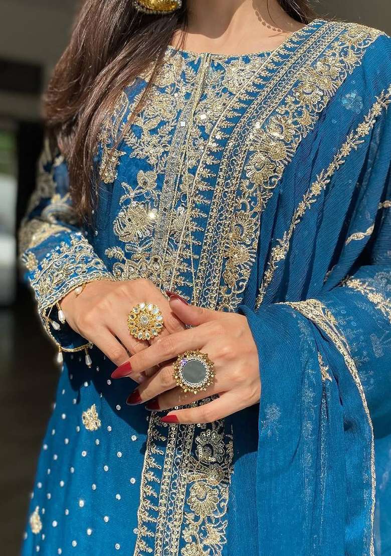 Blue Embroidery Georgette Sharara Set - Indya