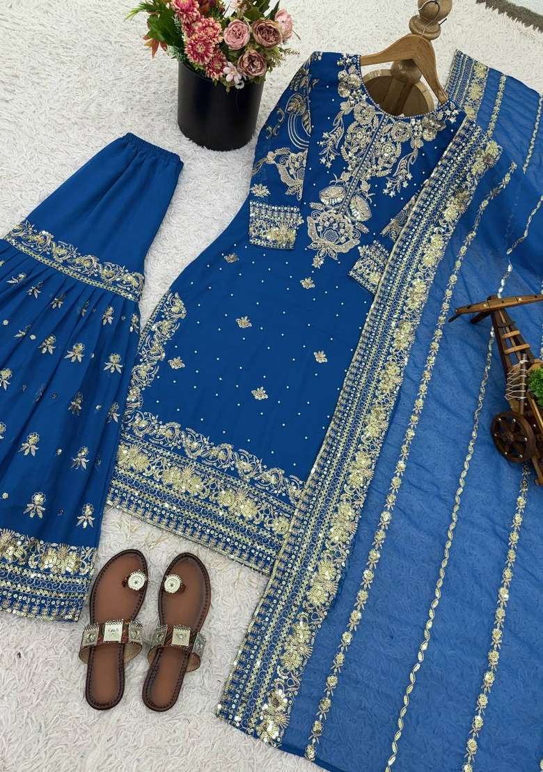 Blue Embroidery Georgette Sharara Set - Indya