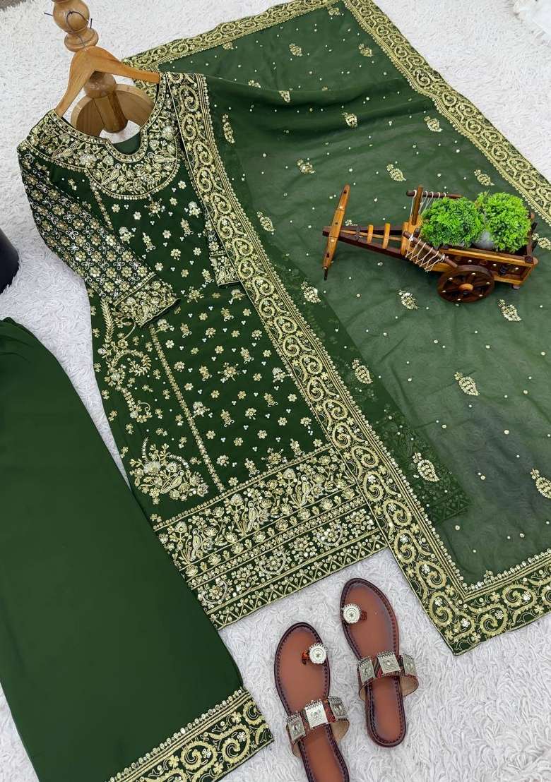 Green Embroidery Georgette Straight Kurta Set - Indya