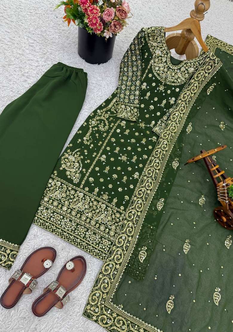 Green Embroidery Georgette Straight Kurta Set - Indya