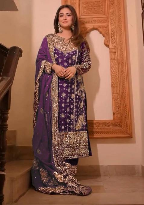 Purple Embroidery Georgette Kurta Set