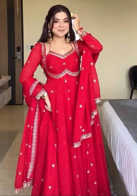 Red Embroidery Georgette Kurta Set