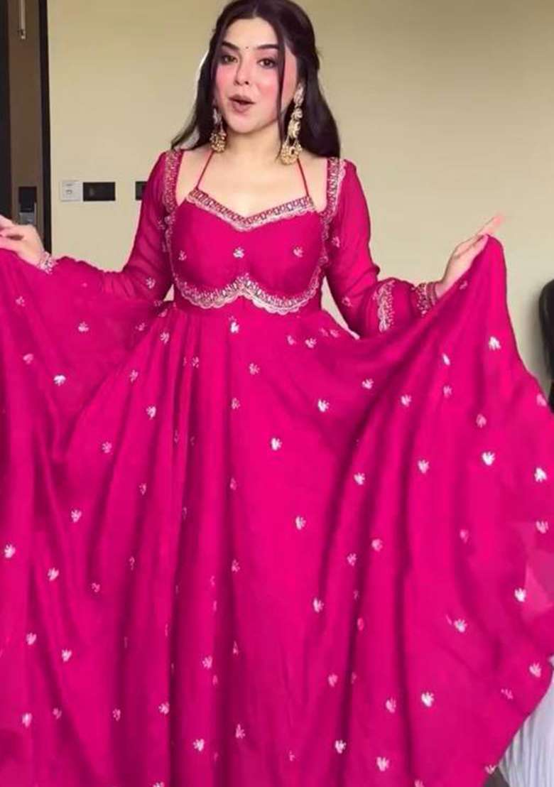 Pink Embroidery Georgette Anarkali Set - Indya