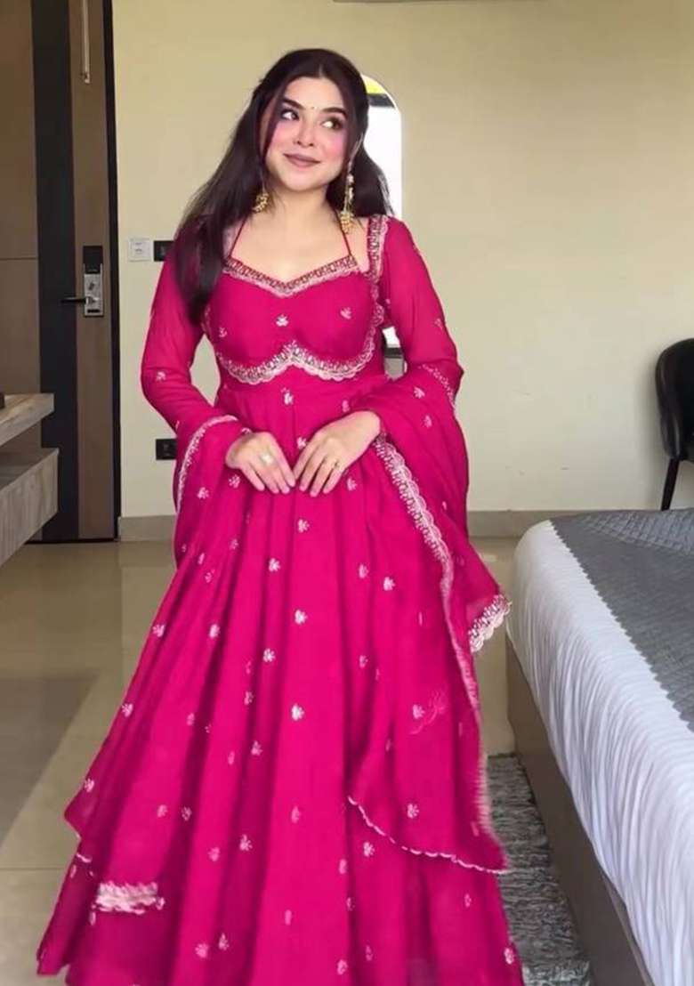 Pink Embroidery Georgette Anarkali Set - Indya