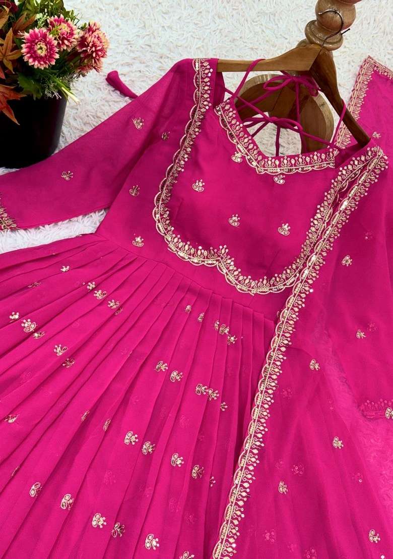 Pink Embroidery Georgette Anarkali Set - Indya