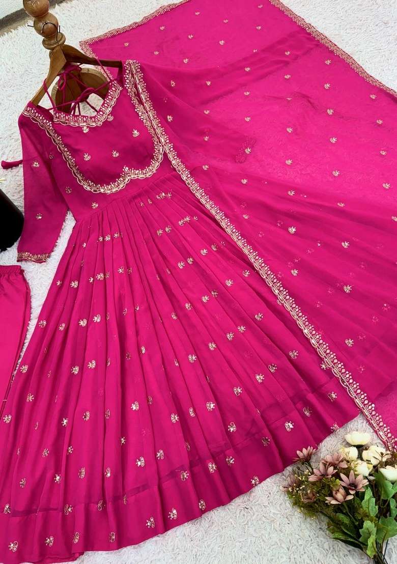 Pink Embroidery Georgette Anarkali Set - Indya