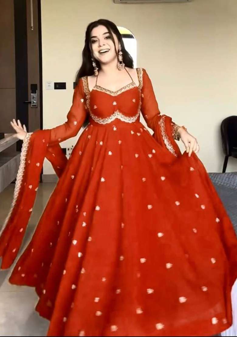 Orange Embroidery Georgette Anarkali Set - Indya