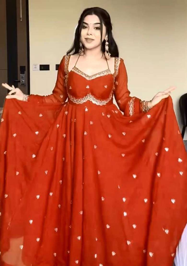 Orange Embroidery Georgette Anarkali Set - Indya