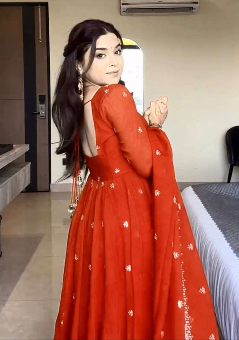 Orange Embroidery Georgette Anarkali Set - Indya
