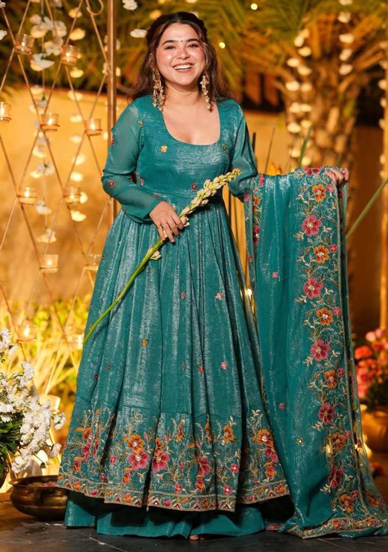 Teal Blue Embroidery Silk Anarkali Set - Indya
