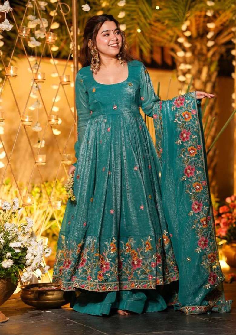 Teal Blue Embroidery Silk Anarkali Set - Indya