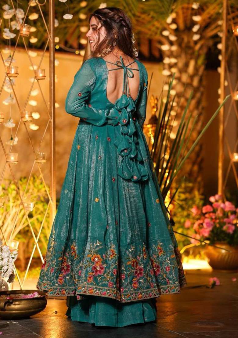 Teal Blue Embroidery Silk Anarkali Set - Indya