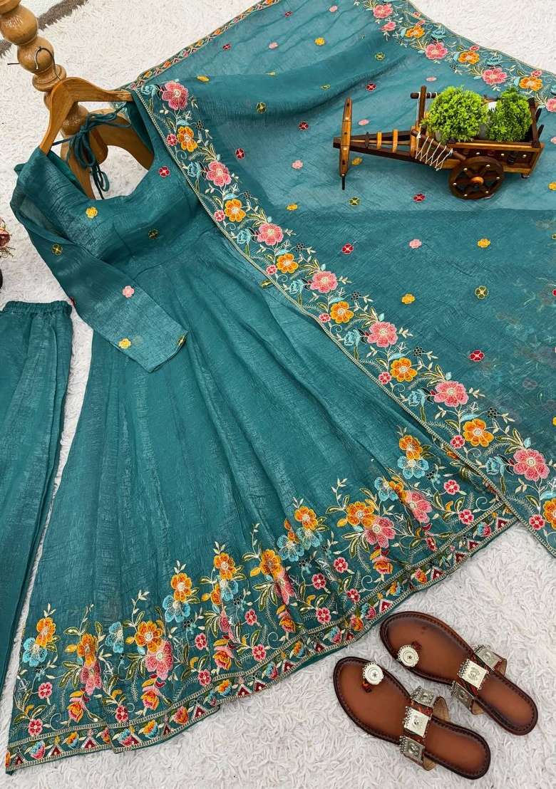 Teal Blue Embroidery Silk Anarkali Set - Indya
