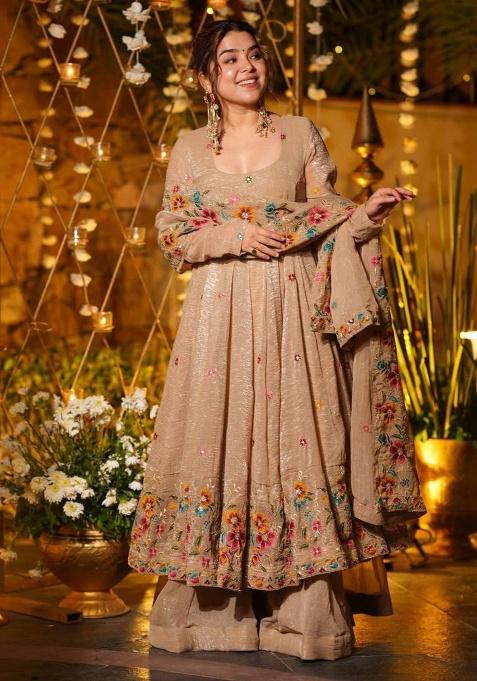 Beige Embroidery Silk Kurta Set