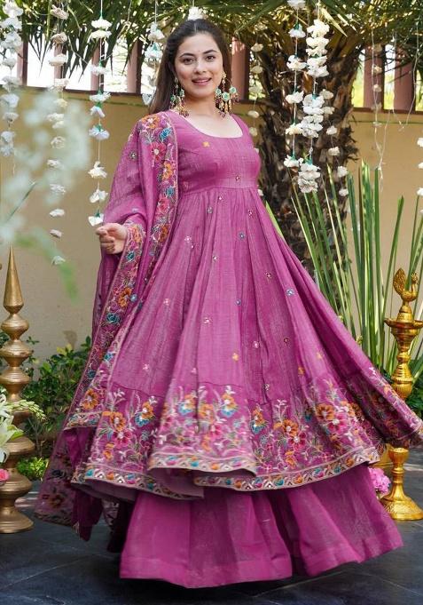 Purple Embroidery Silk Kurta Set