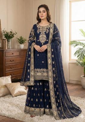 Navy Blue Embroidery Georgette Kurta Set