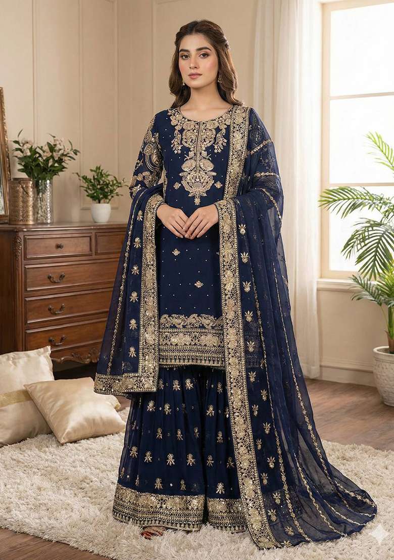 Navy Blue Embroidery Georgette Sharara Set - Indya