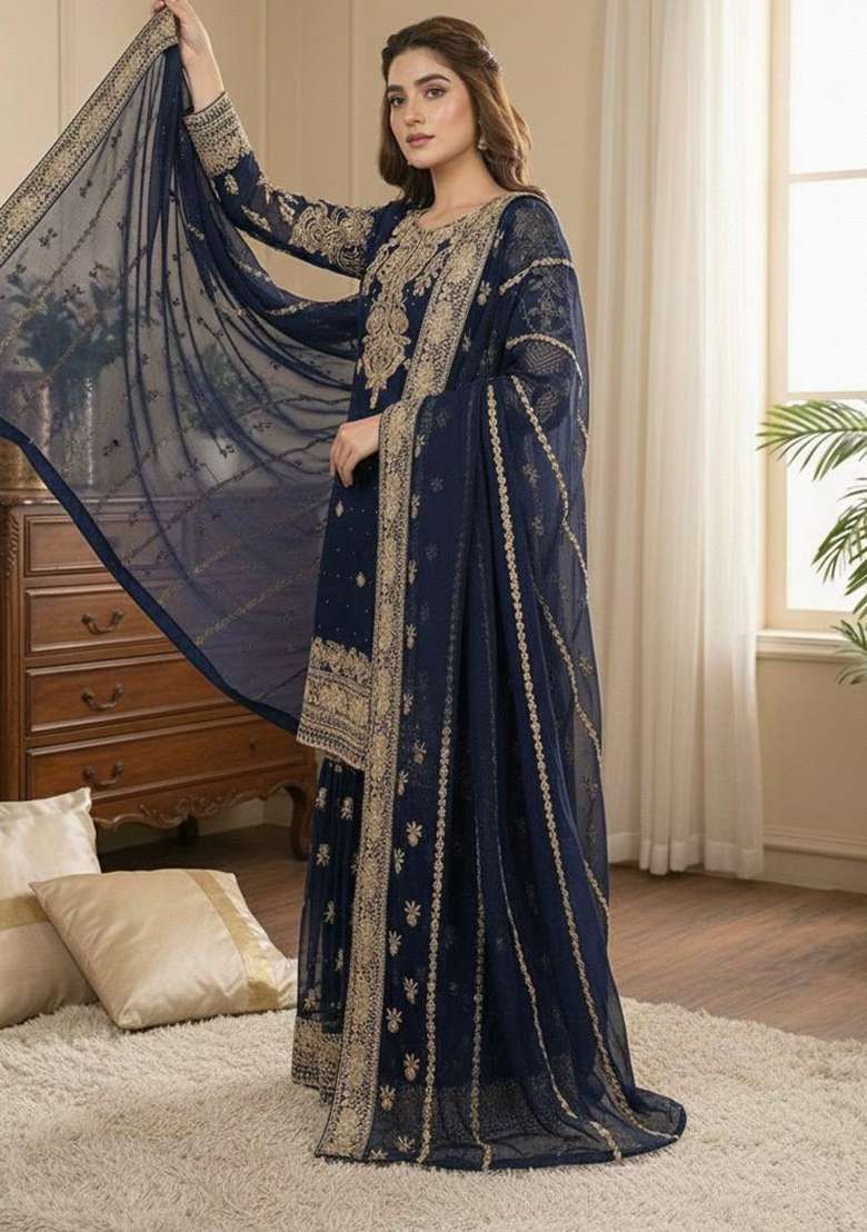 Navy Blue Embroidery Georgette Sharara Set - Indya