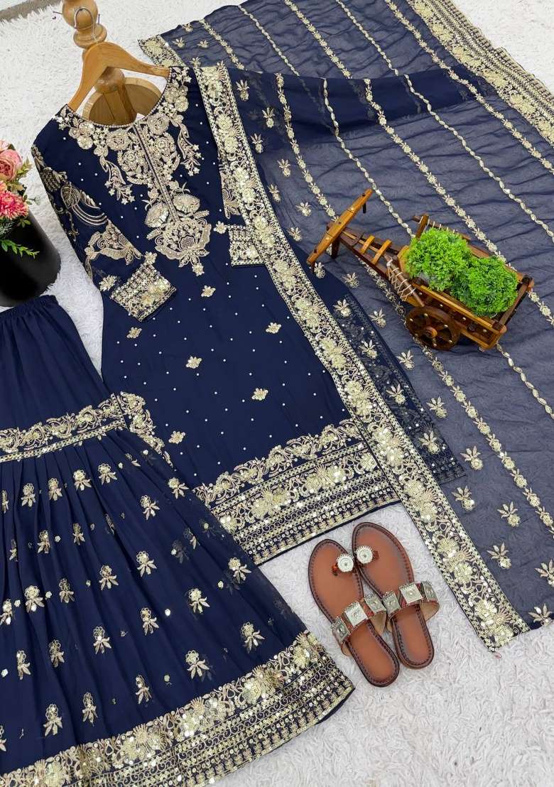 Navy Blue Embroidery Georgette Sharara Set - Indya