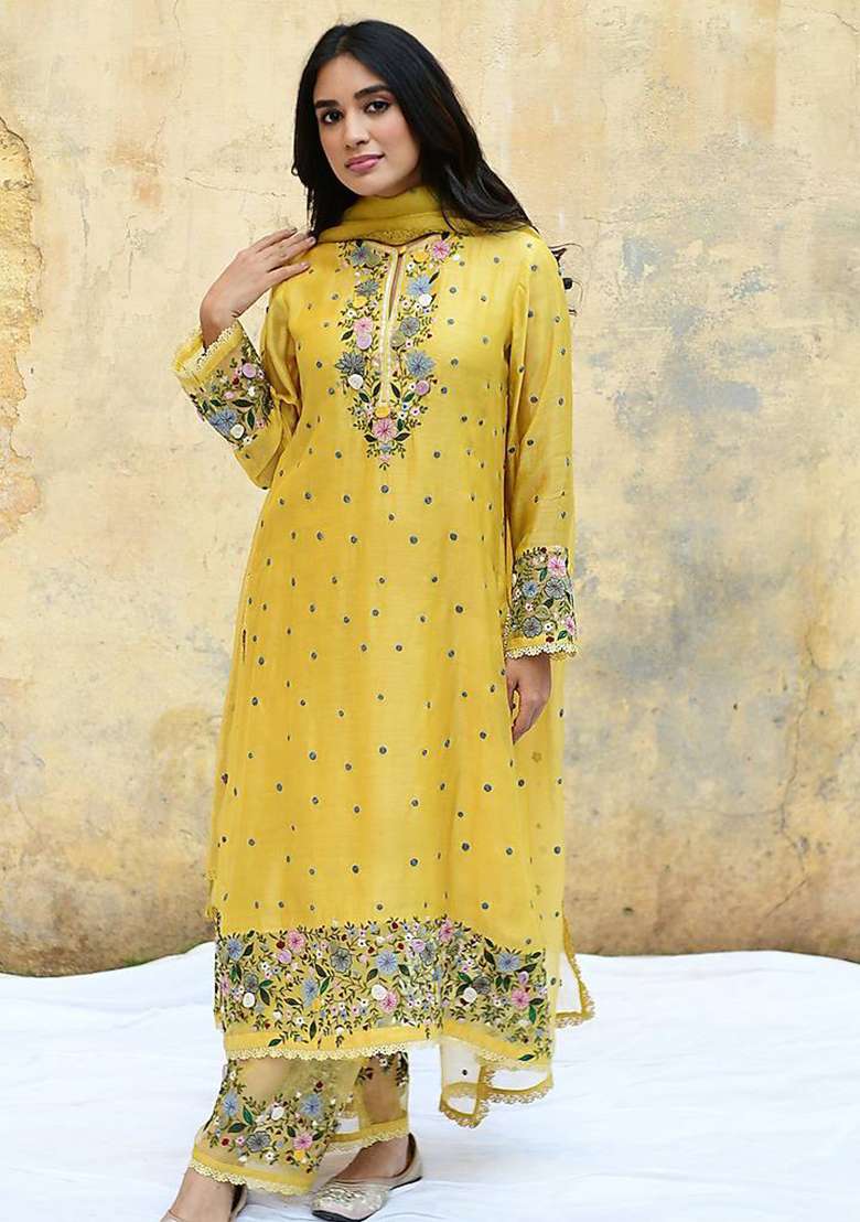 Yellow Embroidery Georgette Kurta Set - Indya