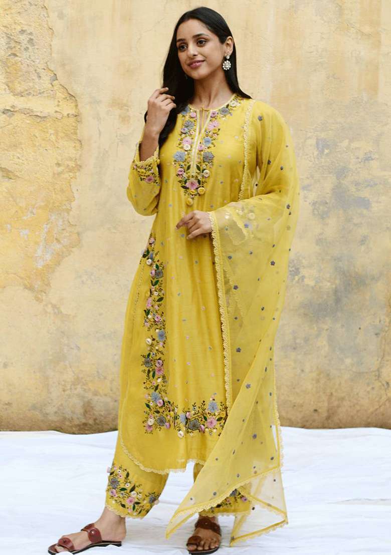 Yellow Embroidery Georgette Kurta Set - Indya