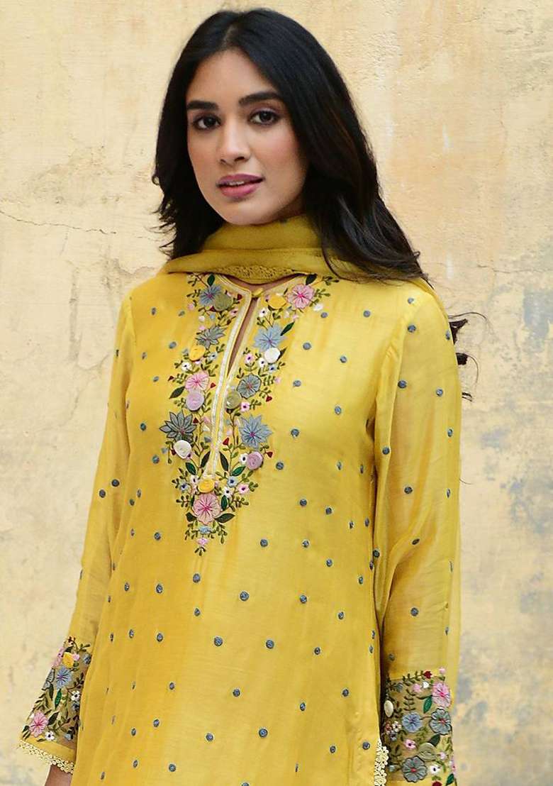 Yellow Embroidery Georgette Kurta Set - Indya