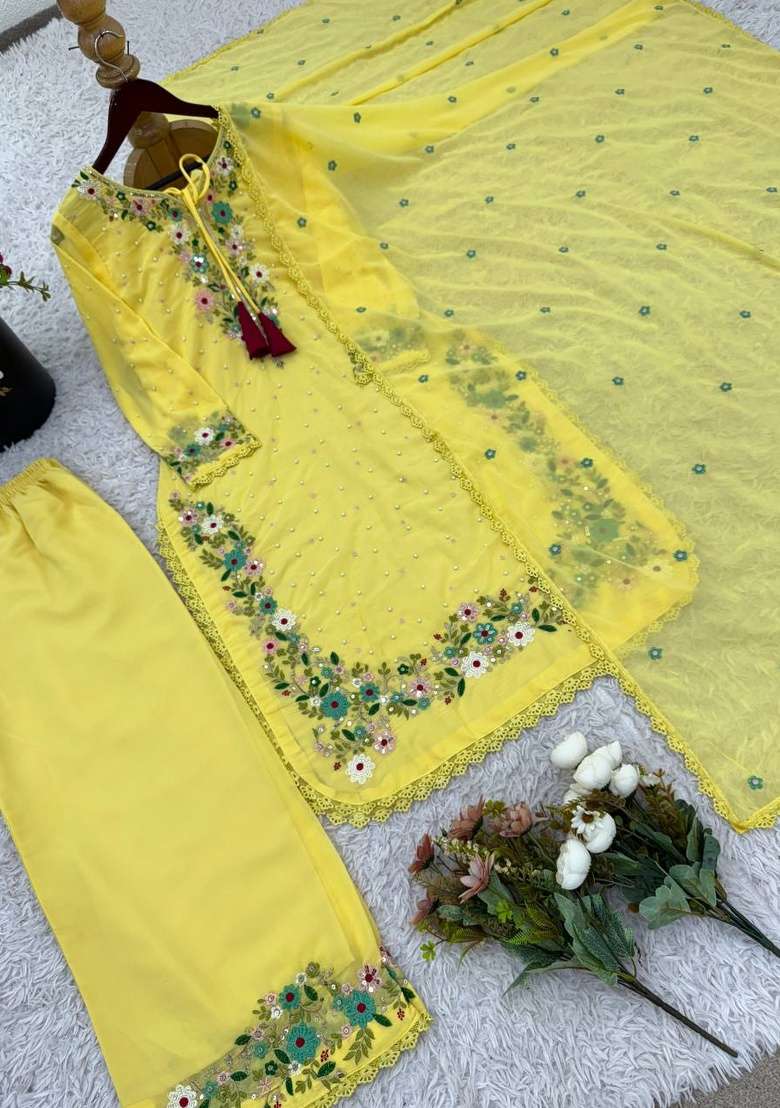 Yellow Embroidery Georgette Kurta Set - Indya