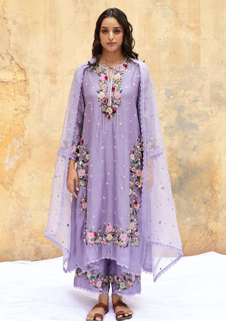Lavender Embroidery Georgette Kurta Set - Indya