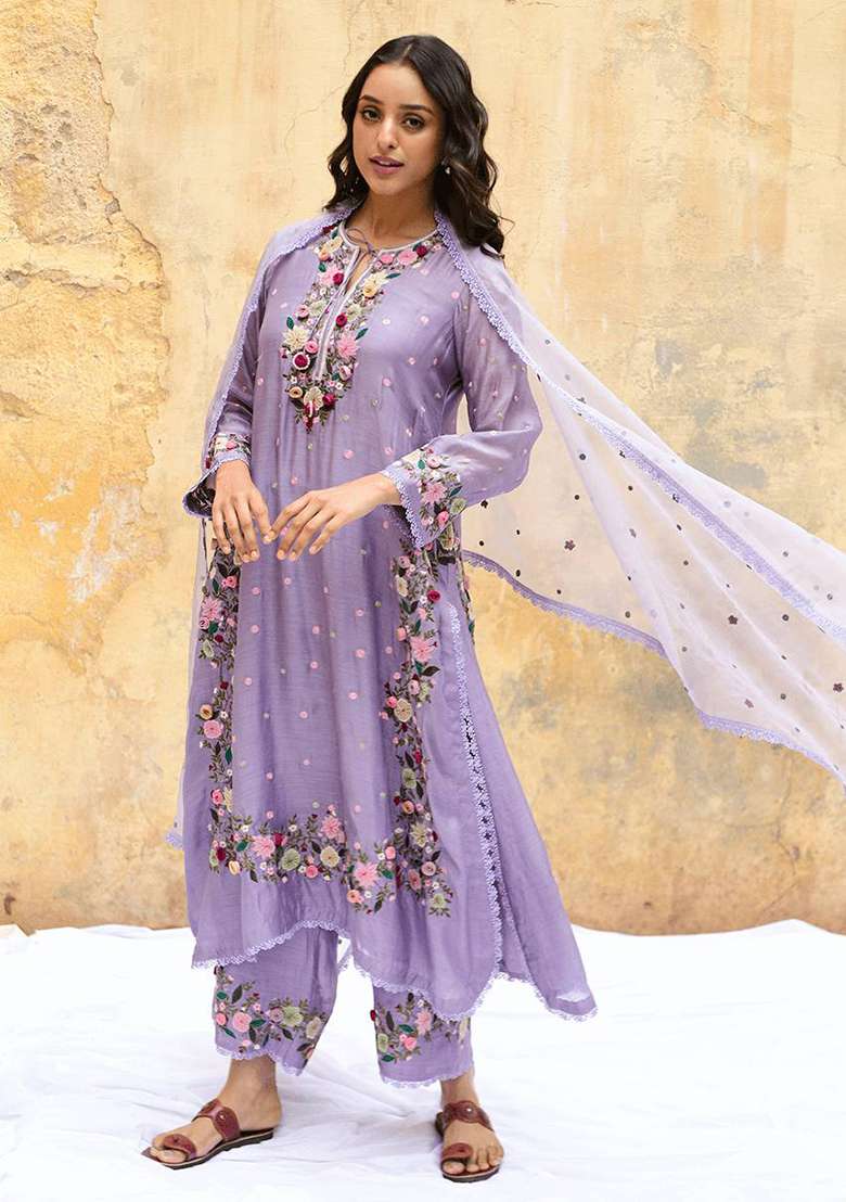 Lavender Embroidery Georgette Kurta Set - Indya