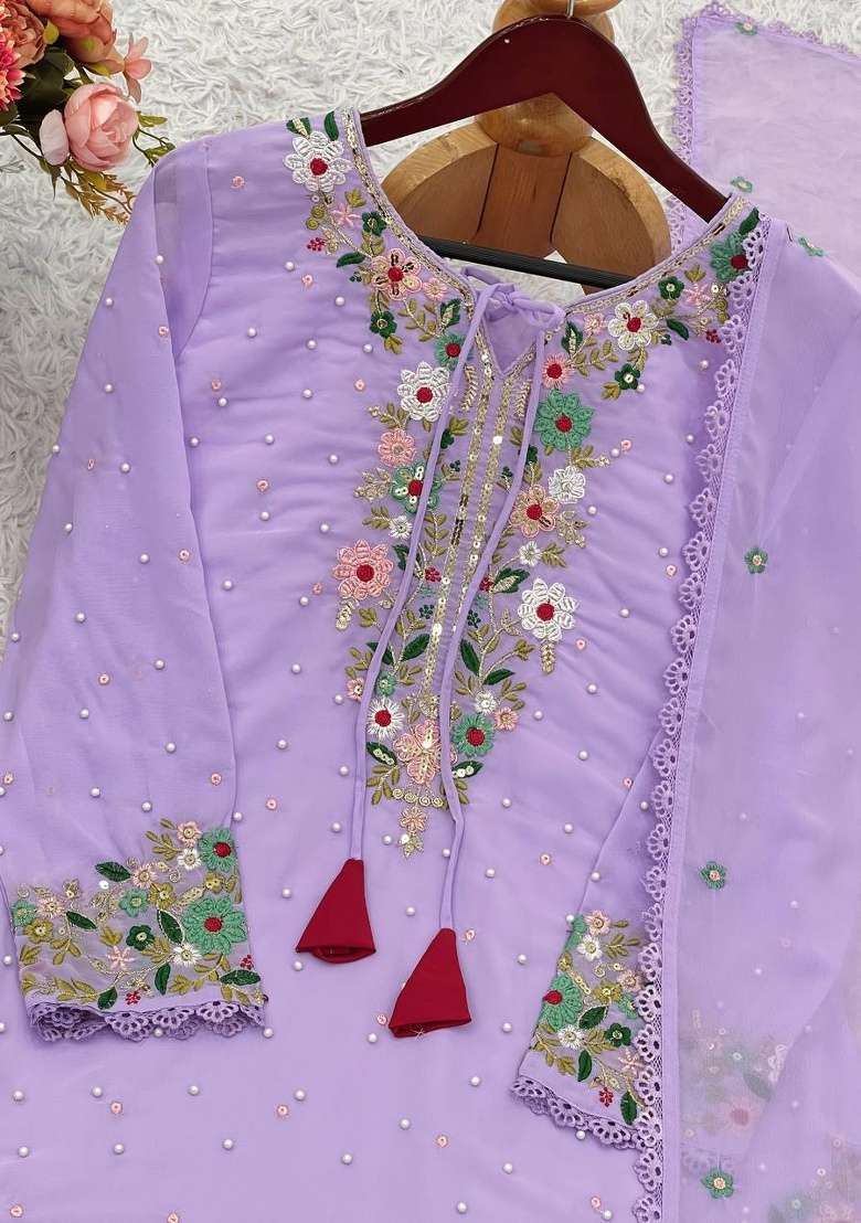 Lavender Embroidery Georgette Kurta Set - Indya