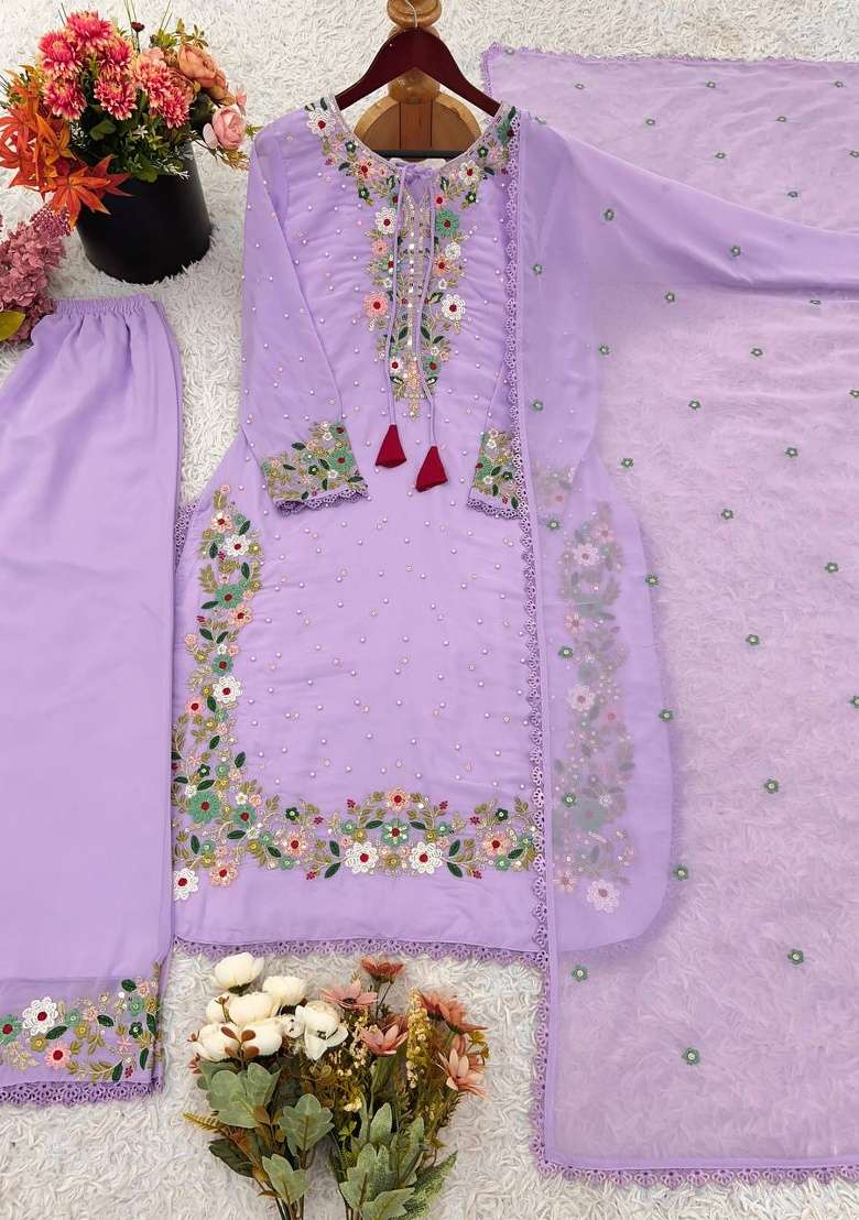 Lavender Embroidery Georgette Kurta Set - Indya