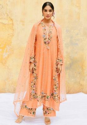 Peach Embroidery Georgette Kurta Set