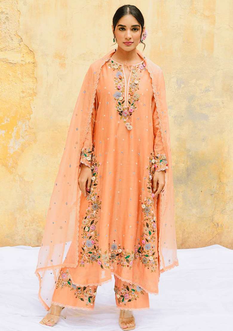 Peach Embroidery Georgette Kurta Set - Indya