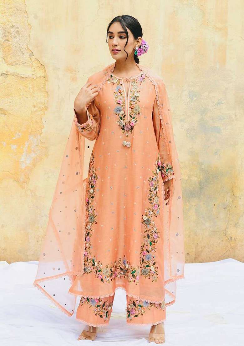 Peach Embroidery Georgette Kurta Set - Indya