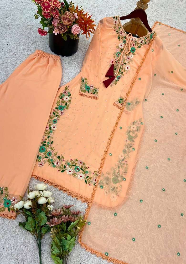 Peach Embroidery Georgette Kurta Set - Indya