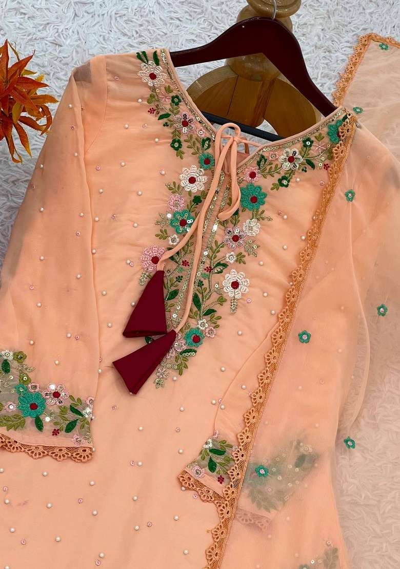 Peach Embroidery Georgette Kurta Set - Indya
