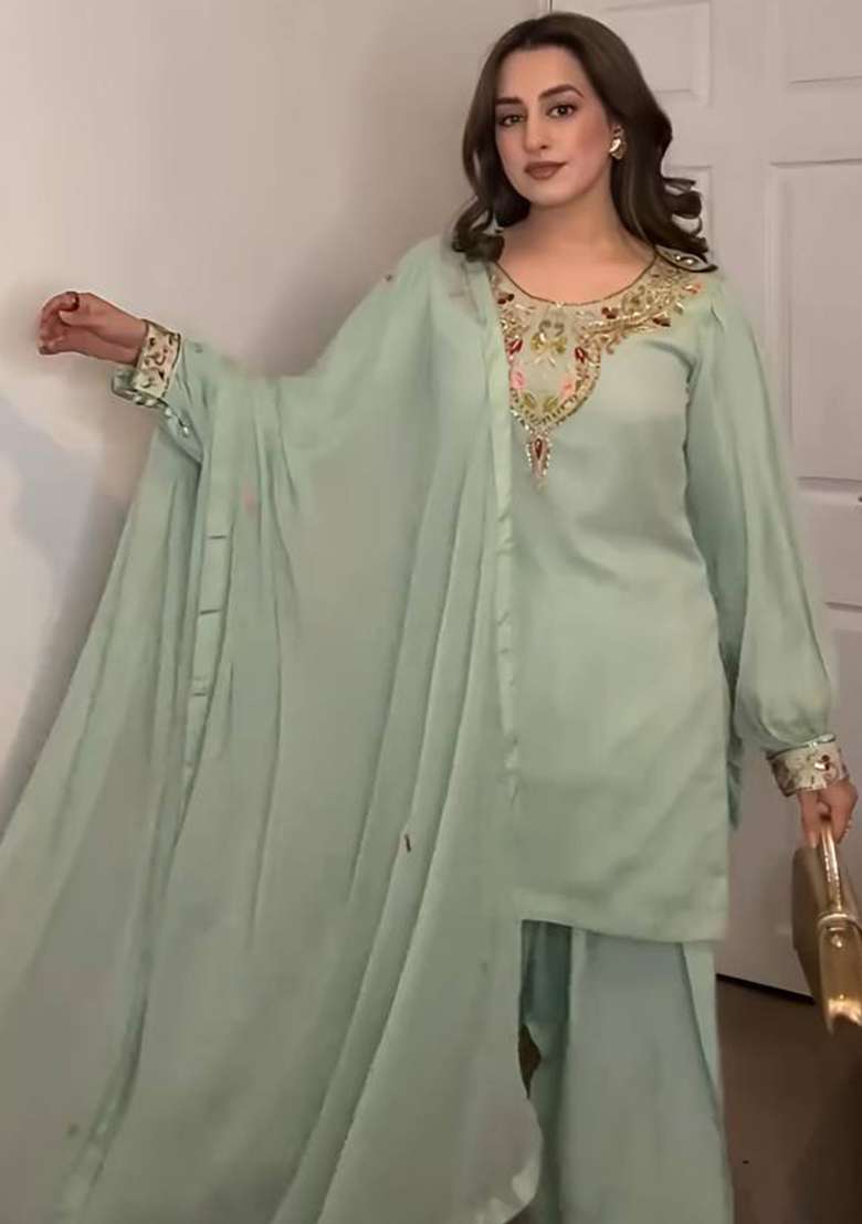 Sea Green Embroidery Georgette Kurta Set - Indya