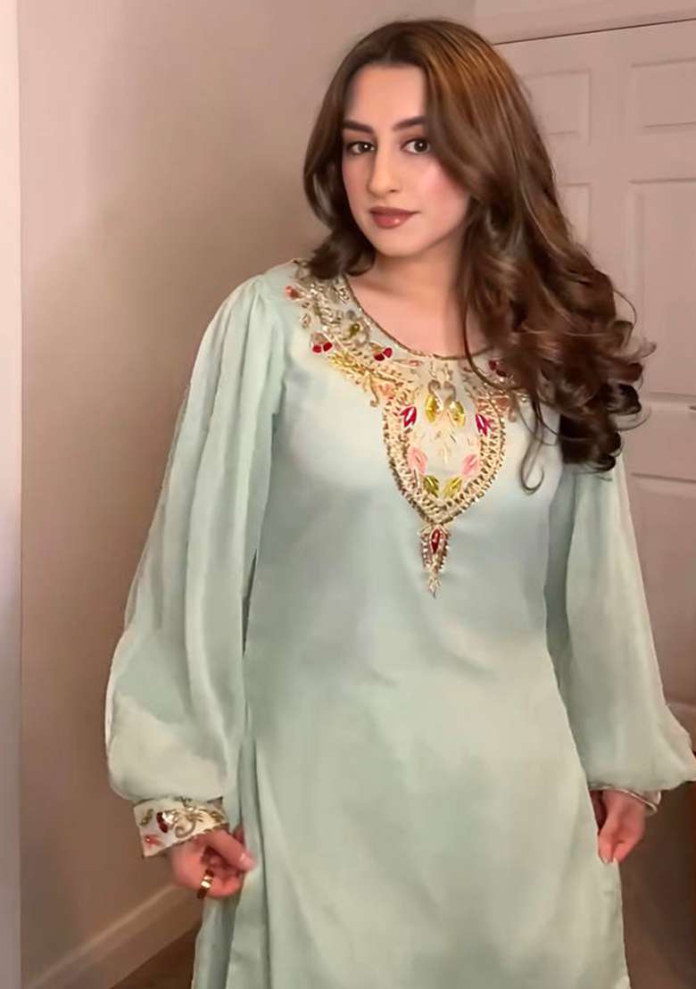 Sea Green Embroidery Georgette Kurta Set - Indya