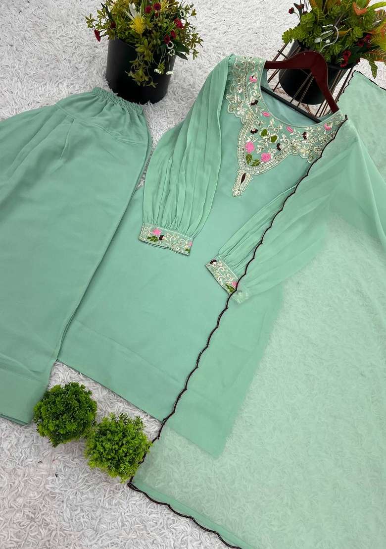 Sea Green Embroidery Georgette Kurta Set - Indya
