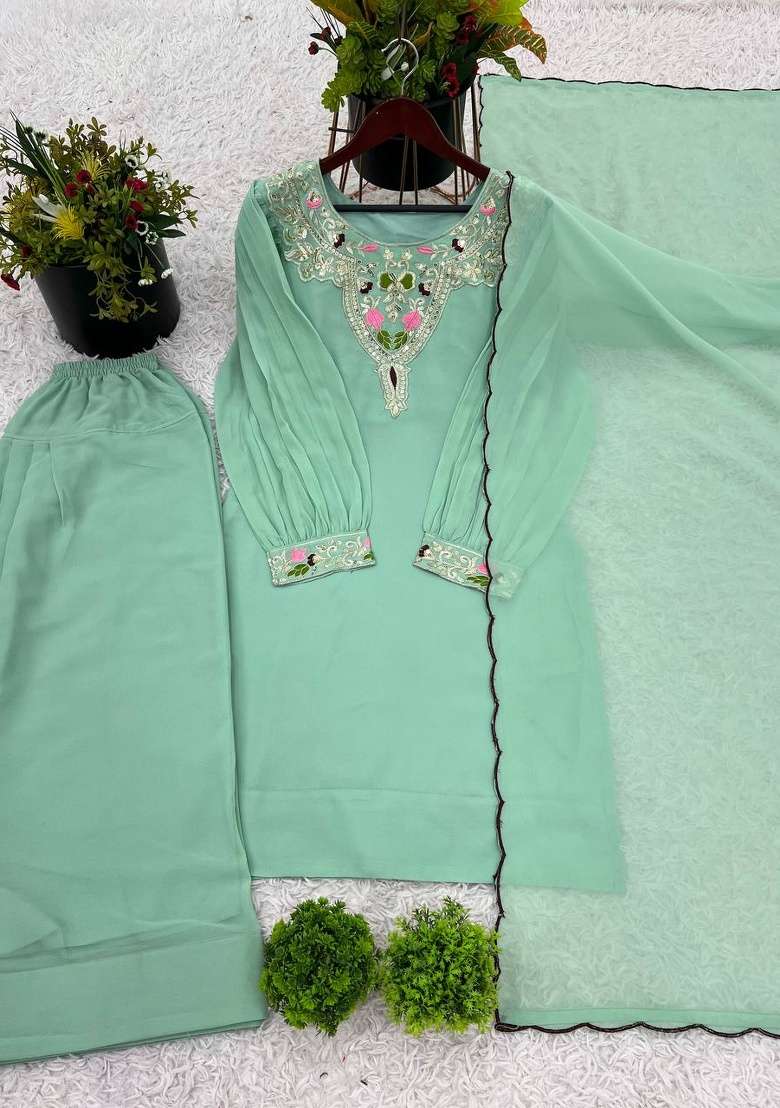 Sea Green Embroidery Georgette Kurta Set - Indya