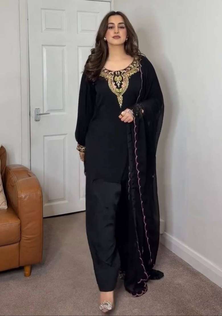 Black Embroidery Georgette Kurta Set - Indya