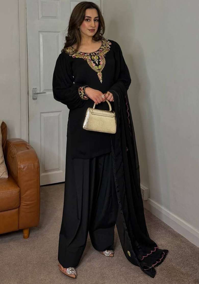 Black Embroidery Georgette Kurta Set - Indya
