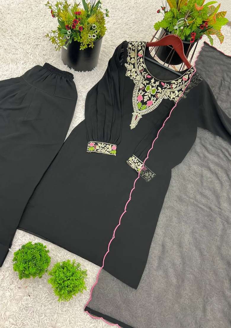 Black Embroidery Georgette Kurta Set - Indya