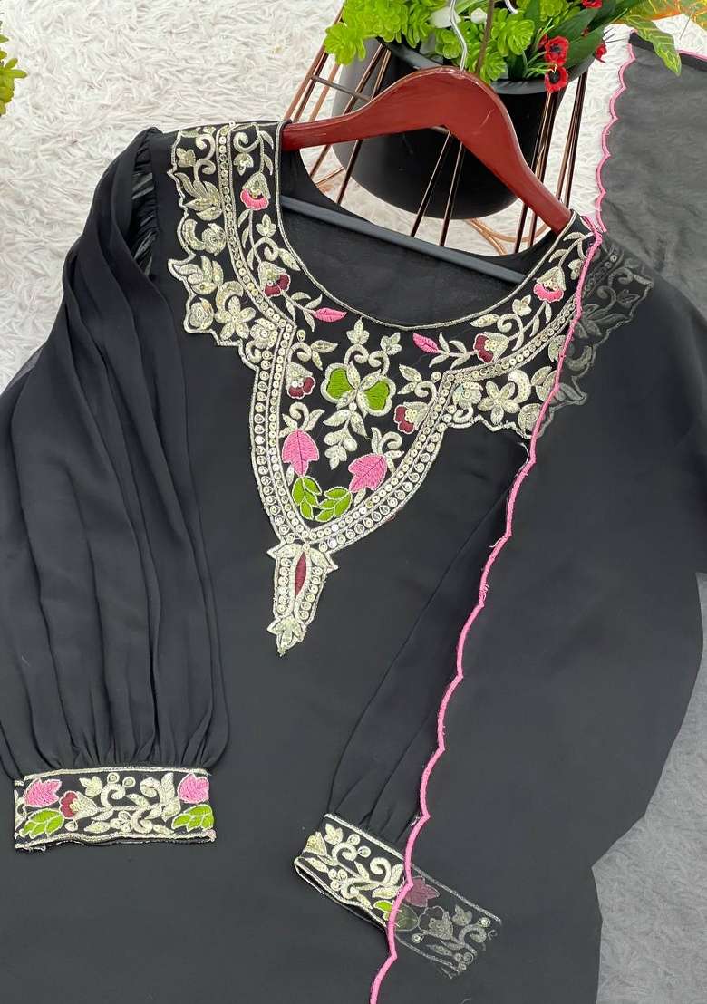 Black Embroidery Georgette Kurta Set - Indya